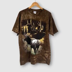 Vintage Elk Wildlife Graphic Brown Tie-Dye Cotton T-Shirt Size Large